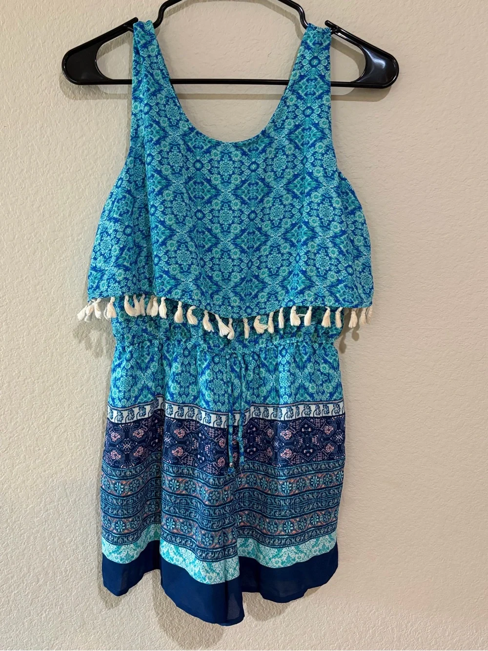 Speechless XL Blue Turquoise Boho Print Romper Tassel Layered Sleeveless
